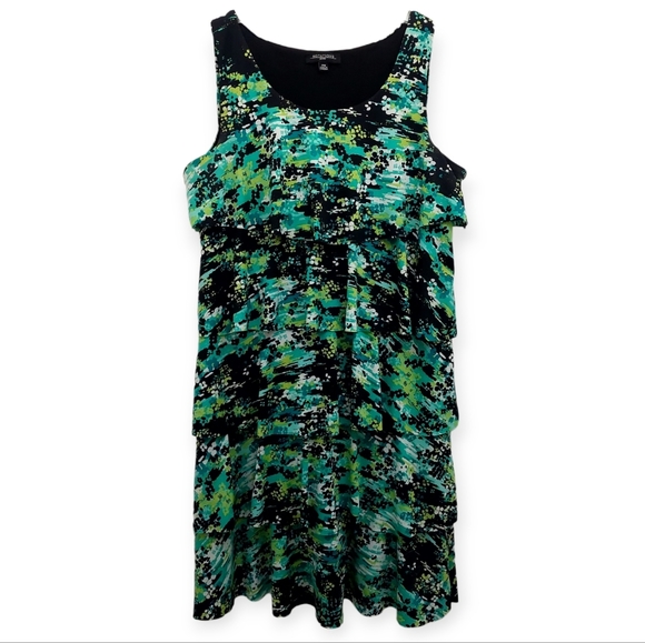 Notations Women's Size Medium Petite Dress Sleeveless Black Green Tiered Ruffles - Picture 1 of 8